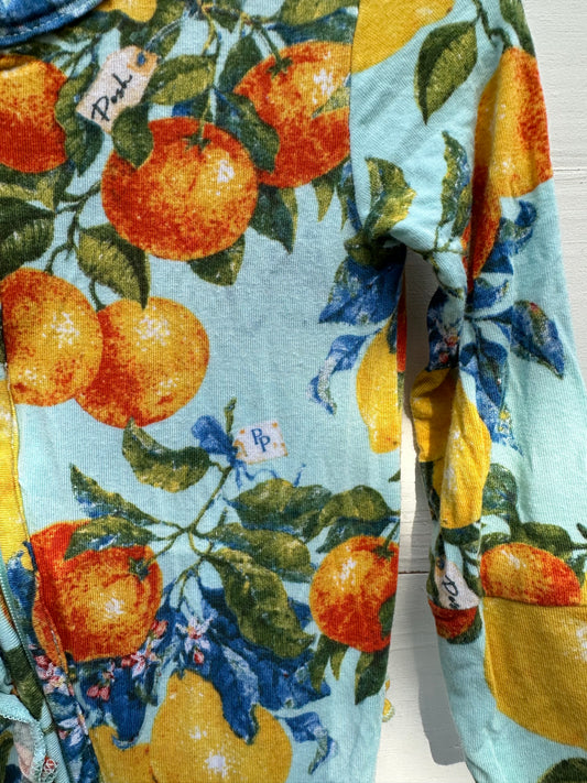 9/12M - Posh Peanut Blue with Oranges Jammies - Double Zip, Grippy Feet, & Ruffled Butt