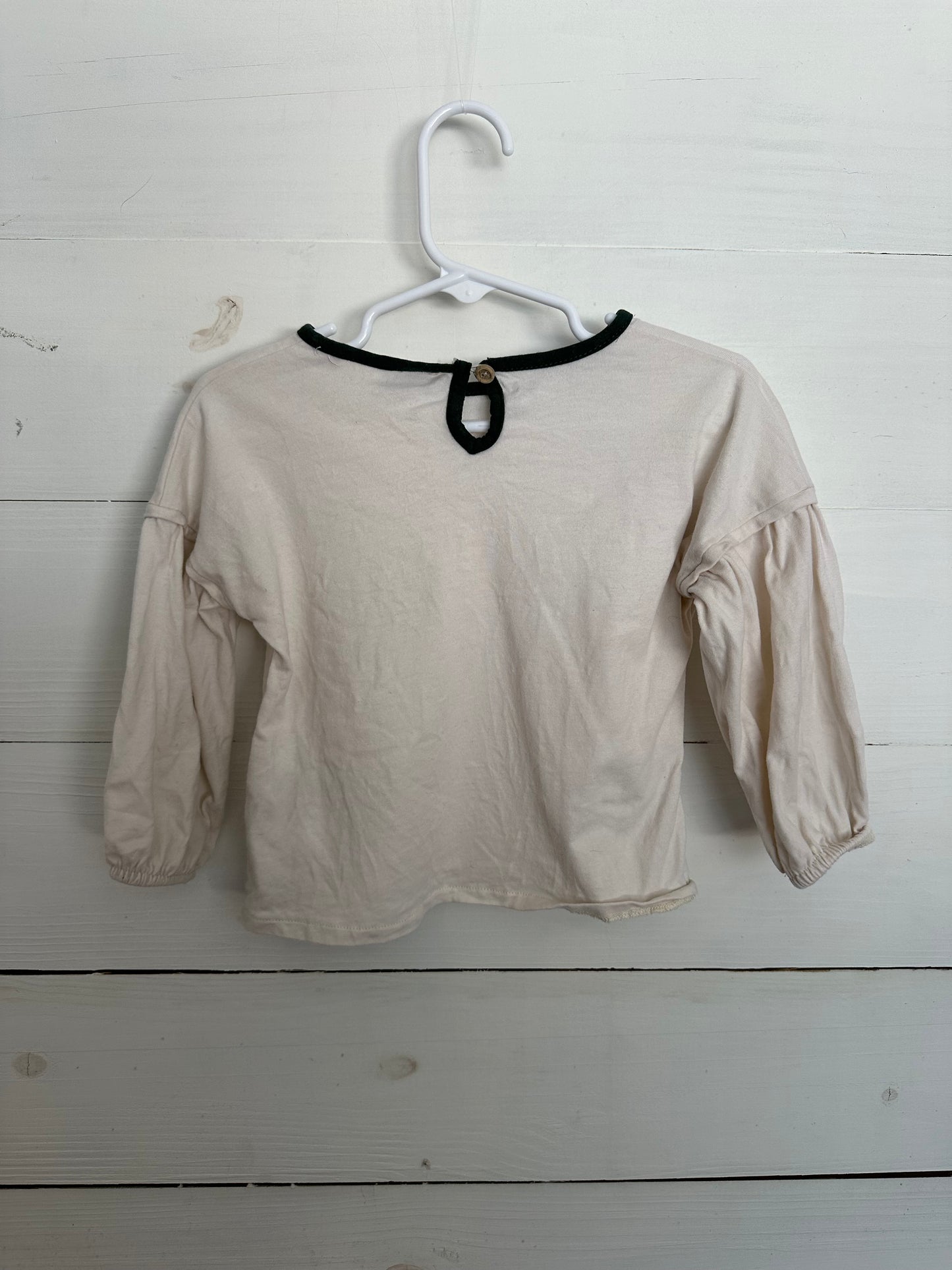 Zara Long Sleeve Ivory Shirt with Green Trim and sweet Bow Details
