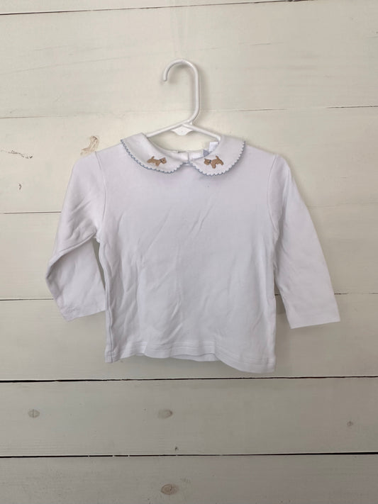 Little English: White peter pan collar shirt with blue stitching on collar and embroidered tan Scotties with blue collars