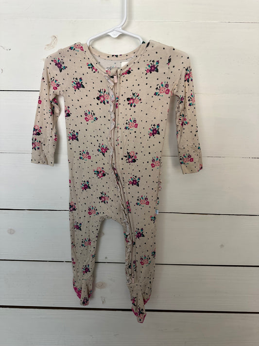 9/12M - Posh Peanut Taupe, Flowers, & Dots Jammies - Grippy Feet, Double Zipper, and Ruffle Butt