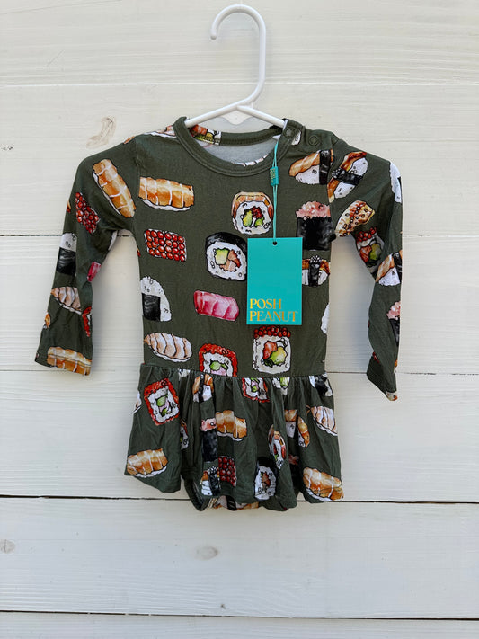 3/6M- Posh Peanut Sushi Long Sleeve Skirted Bubble