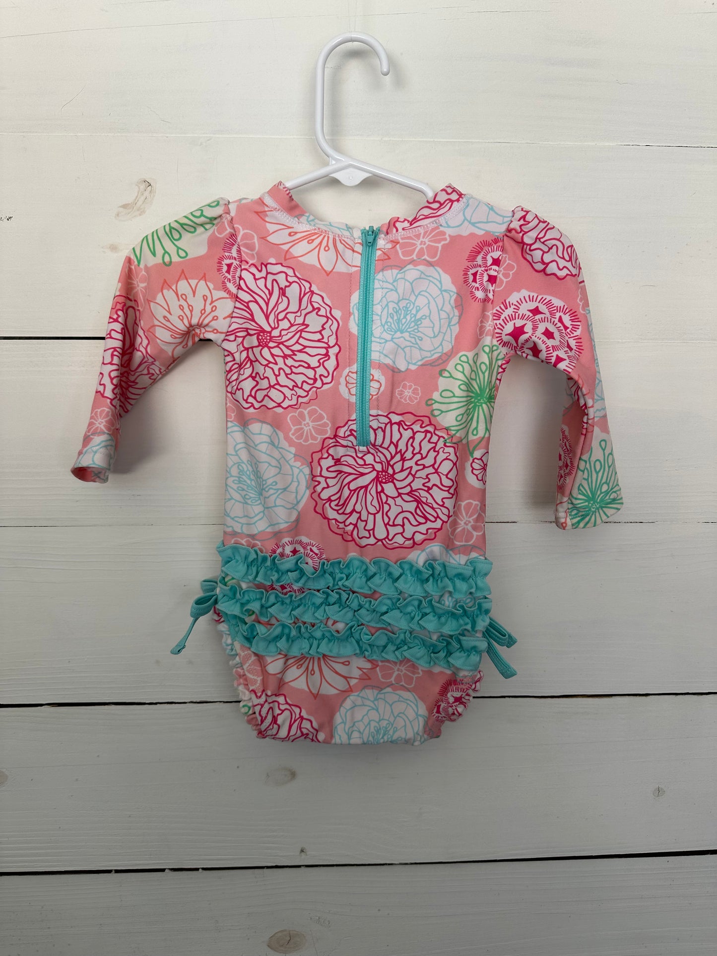 18-24M - Ruffle Butts Long Sleeve Swimsuit - Pink and Blue Flowers