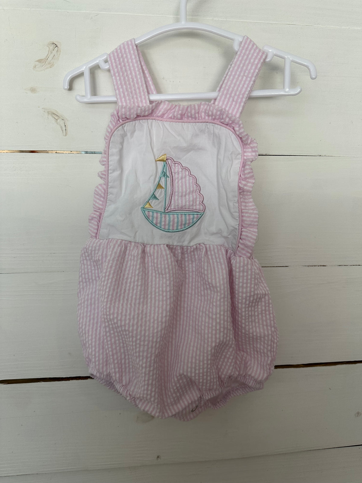 9M - Stichy Fish Pink Seer Sucker Bubble with Sailboat