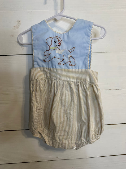6M - La Jenns - Tan & Blue Hand Embroidered Puppy Bubble