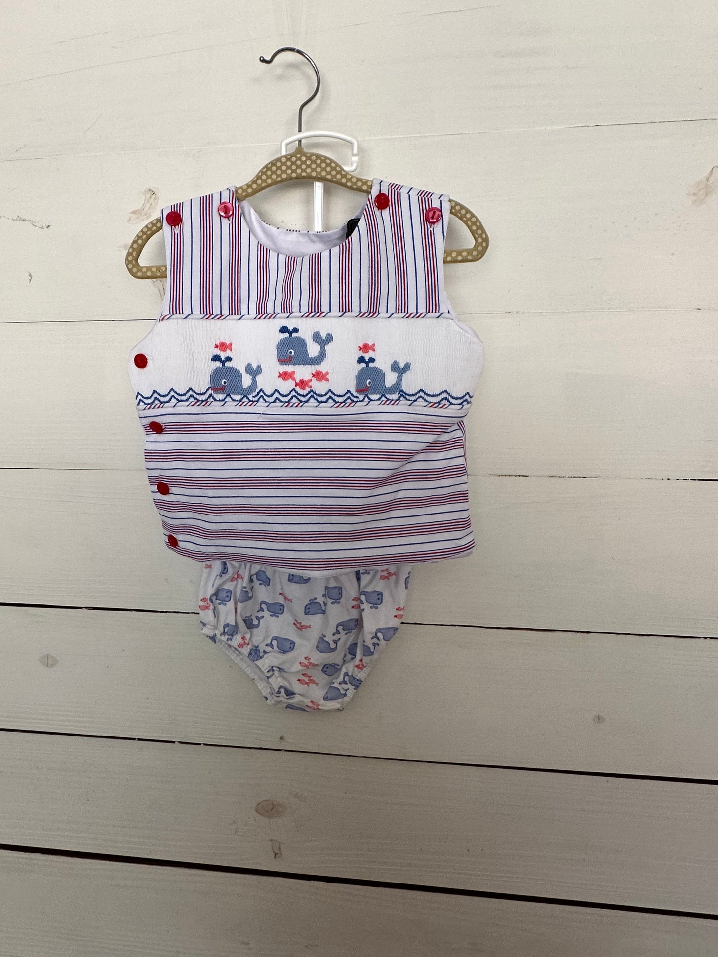 Shrimp & Grits Kids: Red, white, & blue nautical striped diaper set with smocked whales and matching whale diaper covers