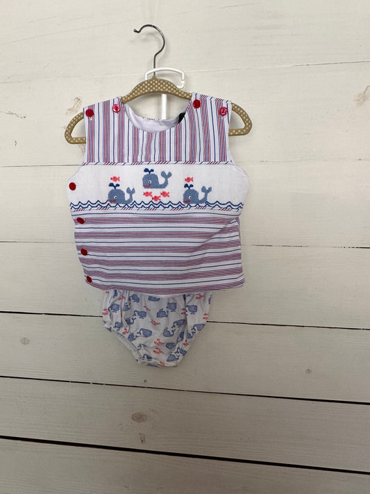 Shrimp & Grits Kids: Red, white, & blue nautical striped diaper set with smocked whales and matching whale diaper covers