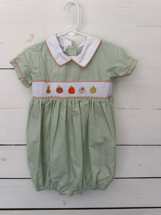 2T - Ruth & Ralph Green Plaid Bubble  with Smocked Pumpkins