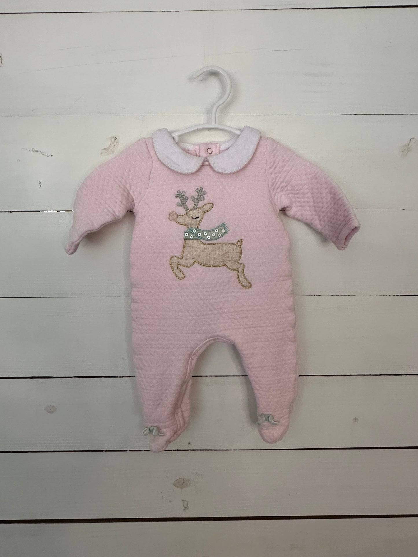 0-3M - Mud Pie Pink Quilted Reindeer Footed Romper
