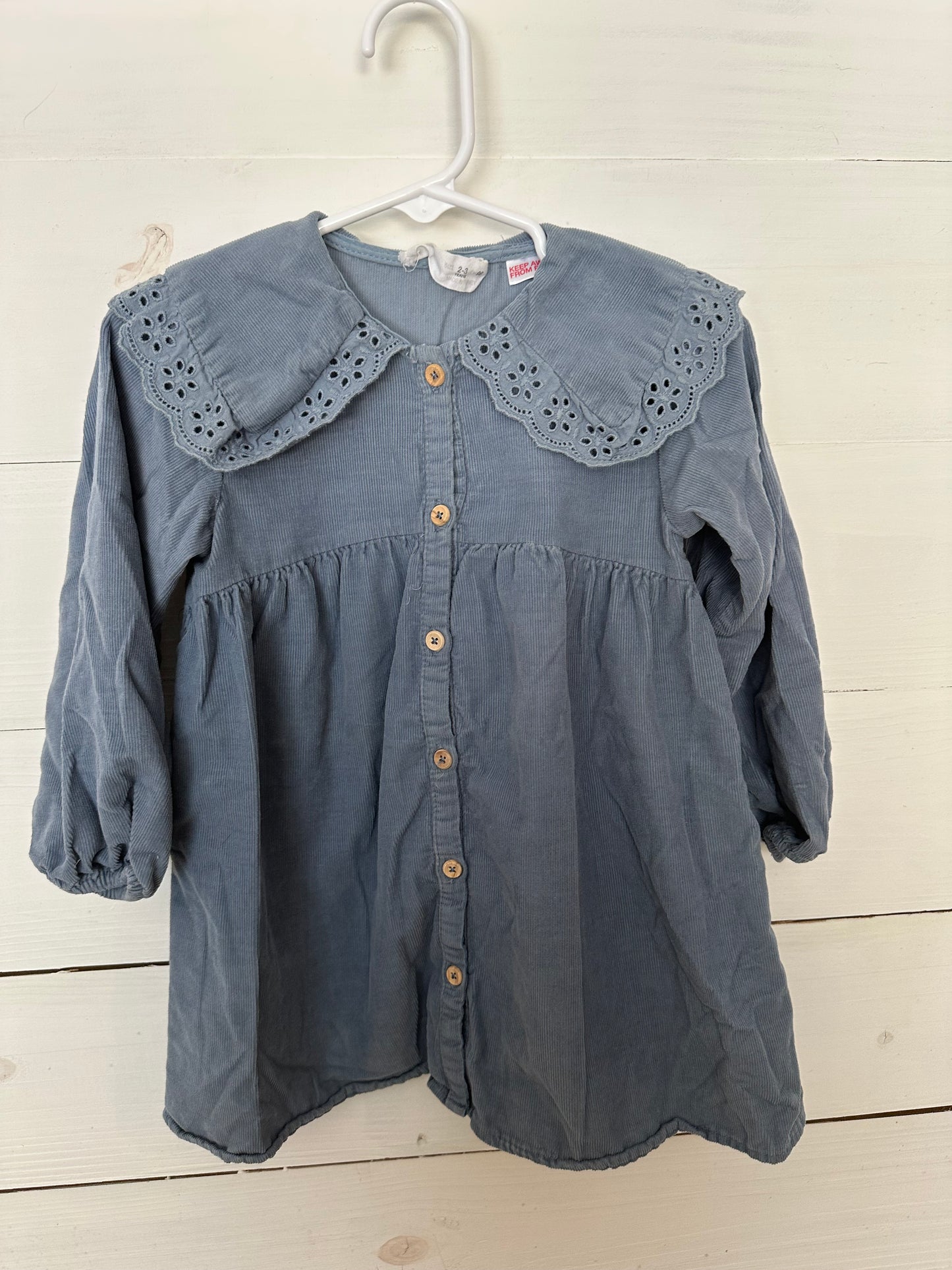 Zara: Corduroy Wedgewood Blue Long Sleeve Button Up Dress with Collar