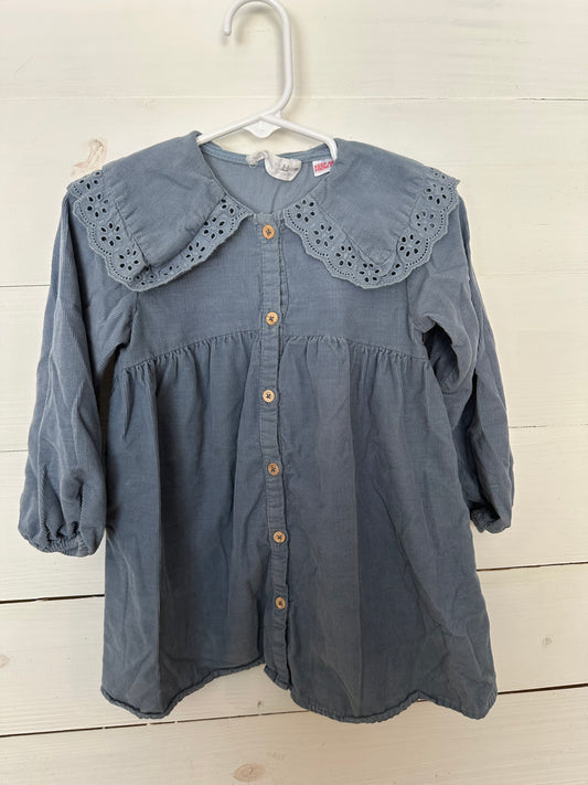 Zara: Corduroy Wedgewood Blue Long Sleeve Button Up Dress with Collar