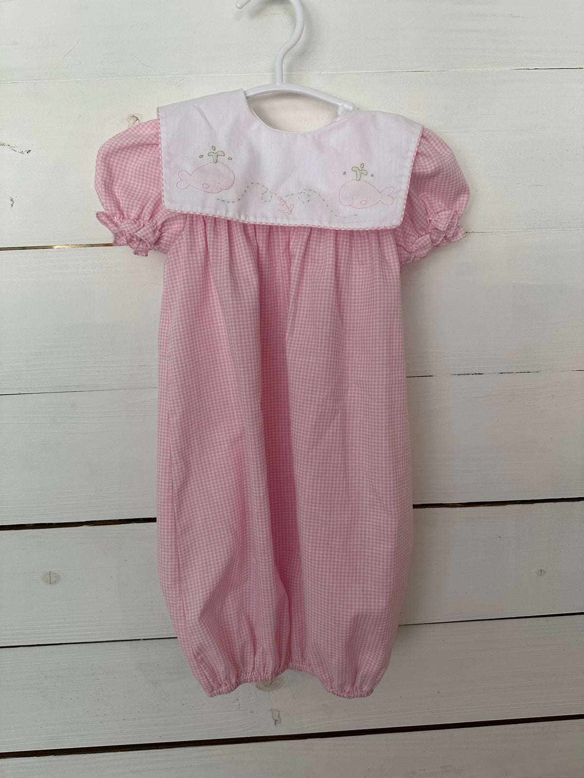 0-3M - Auraluz Pink Gingham Hand Embroidered Day Gown with Whale Details NWOT