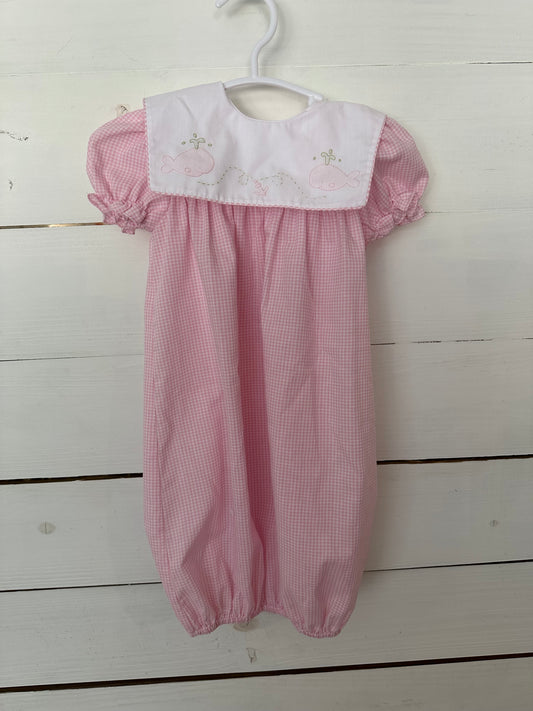 0-3M - Auraluz Pink Gingham Hand Embroidered Day Gown with Whale Details NWOT