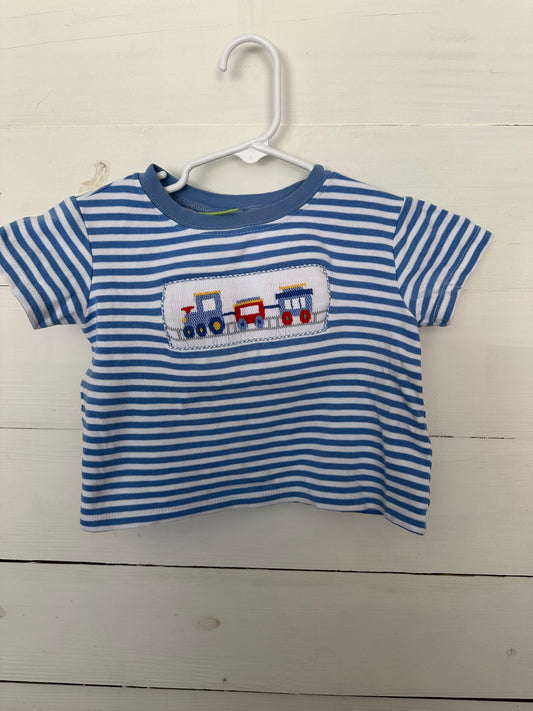 Velani Classics: Blue striped shirt with smocked trains
