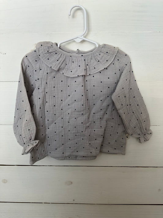 Lauren Alexandra Dusty Blue Muslin Blouse with Polka Dots and Ruffle Collar