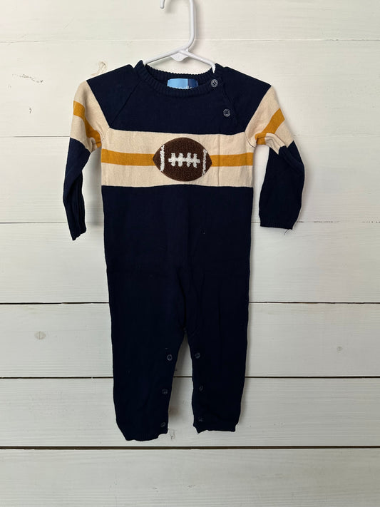 Good Lad knit navy football romper with gold and white accents