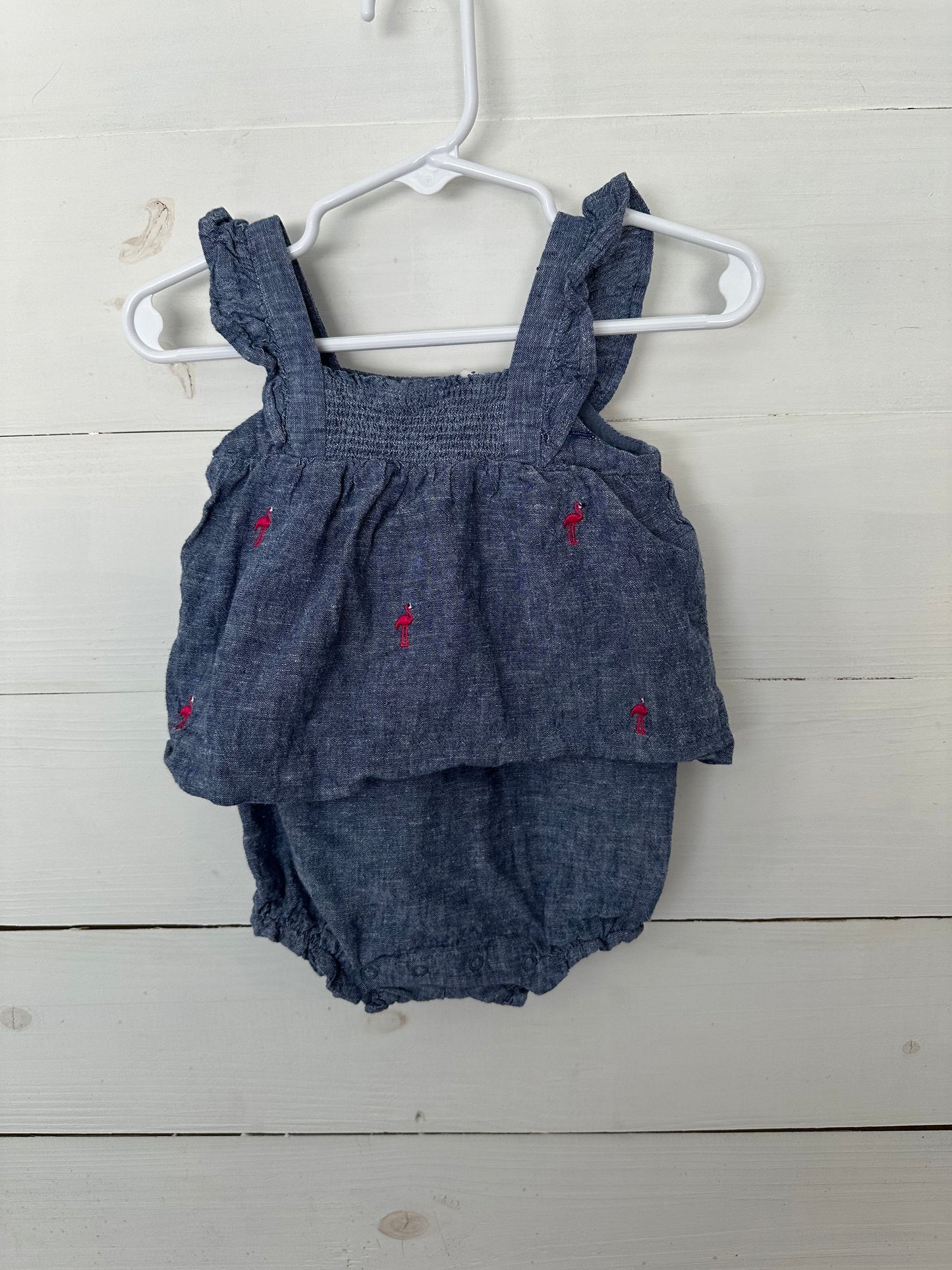 Janie and Jack Denim Bubble with skirt and embroidered flamingos