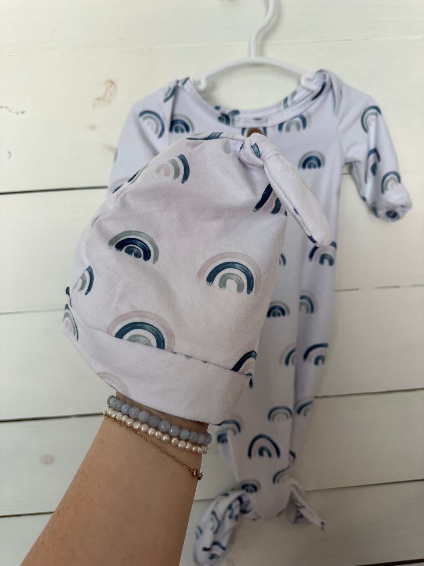 0-3M - Caden Lane Blue Rainbow Gown with Matching Hat