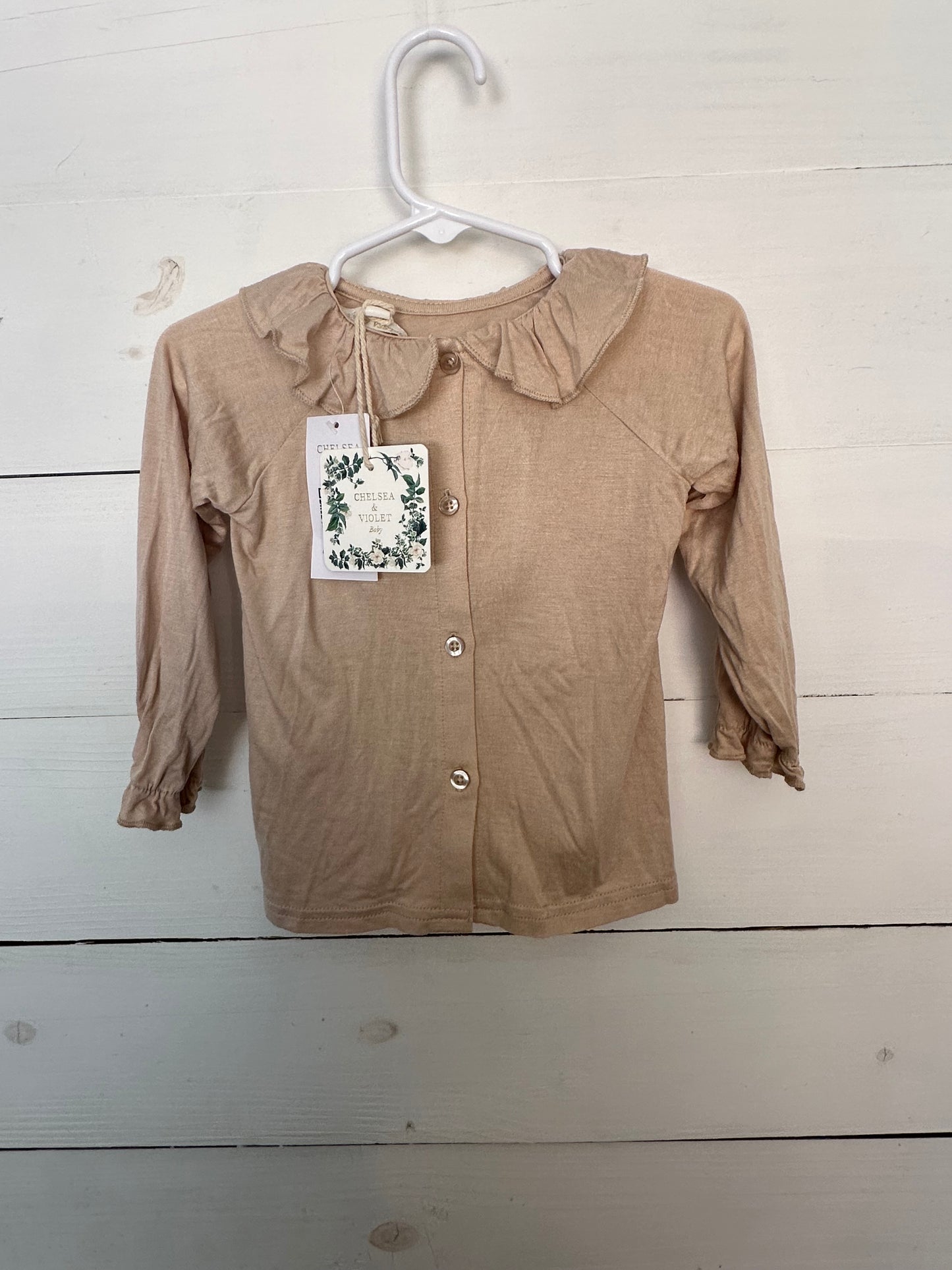 12M - Chelsea & Violet Taupe Ruffle Collar Button Up Shirt