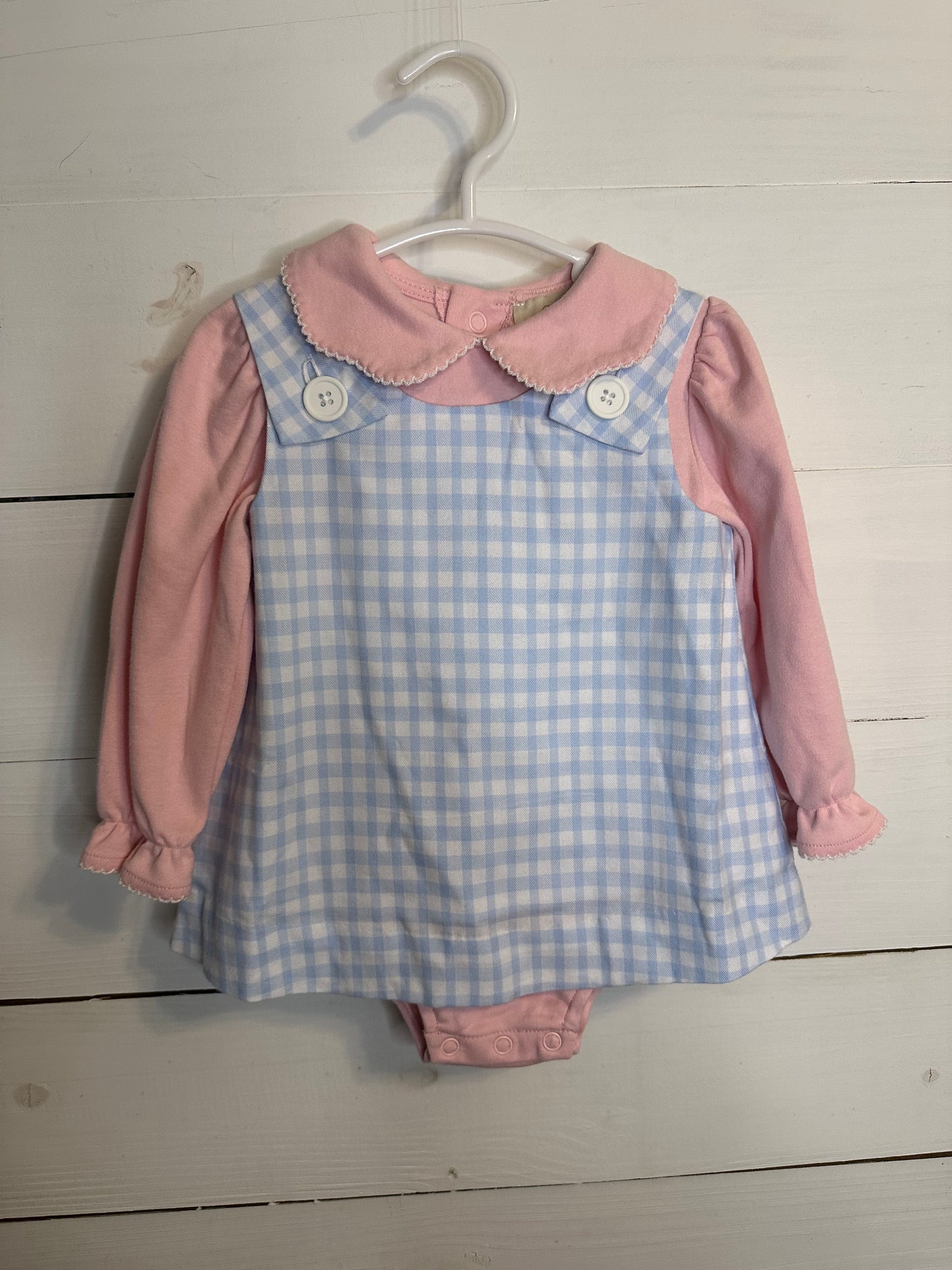 6/12M - TBBC Blue Plaid Jumper NWT with Matching Pink Collared Onesie with Matching Plaid Elbows VGUC