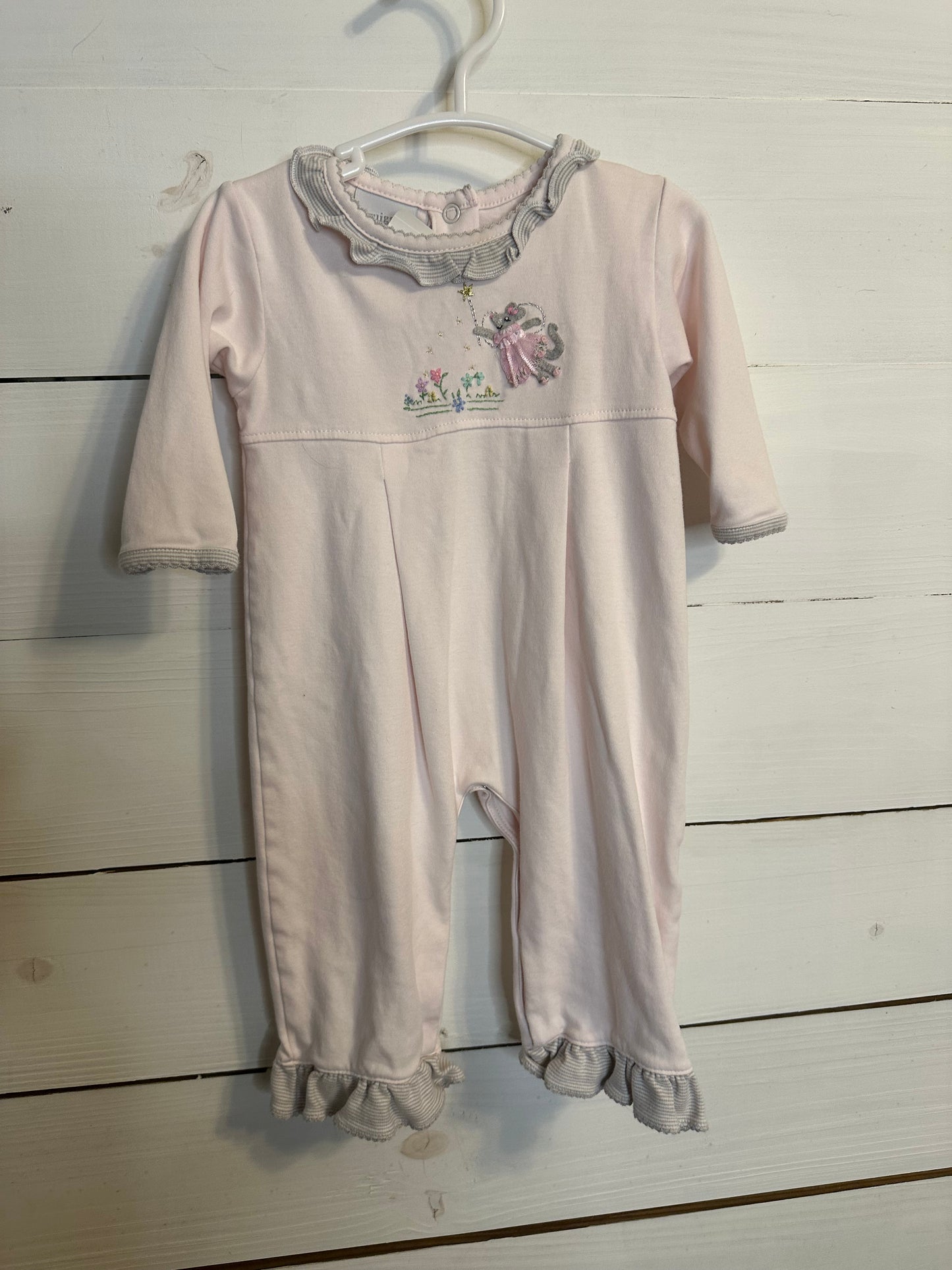 6/9M - Squggles Pink and Gray Romper with Mouse & Embroidered Flowers
