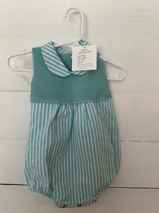 Mi Lucero: Green and white striped bubble with knit chest and peter pan collar