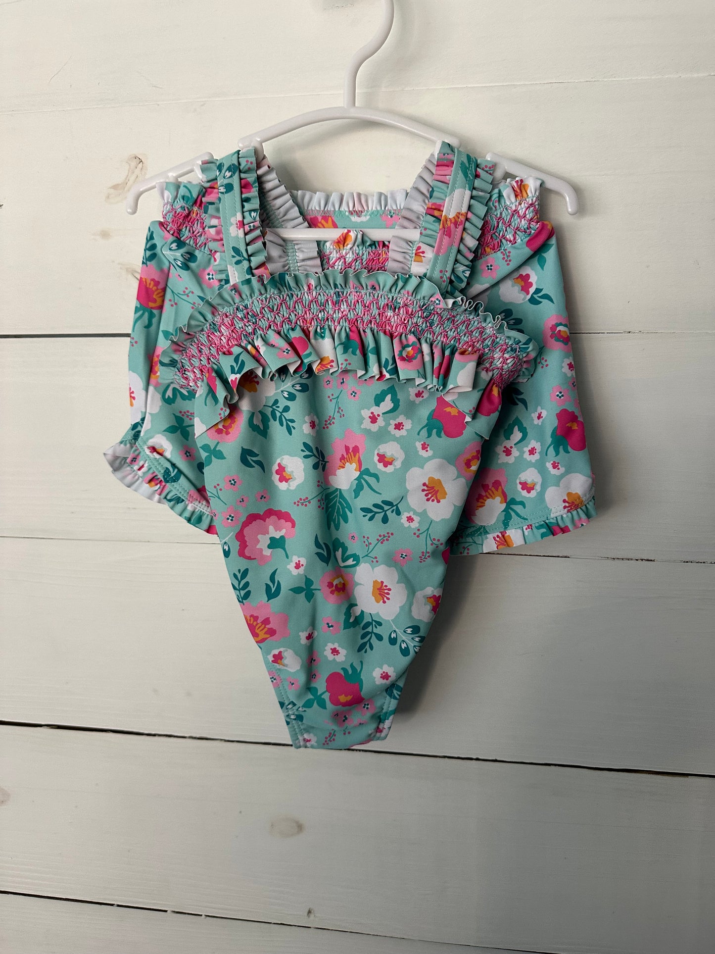 12M - Mint Swim Suit with Pink Flowers and Matching Shorts