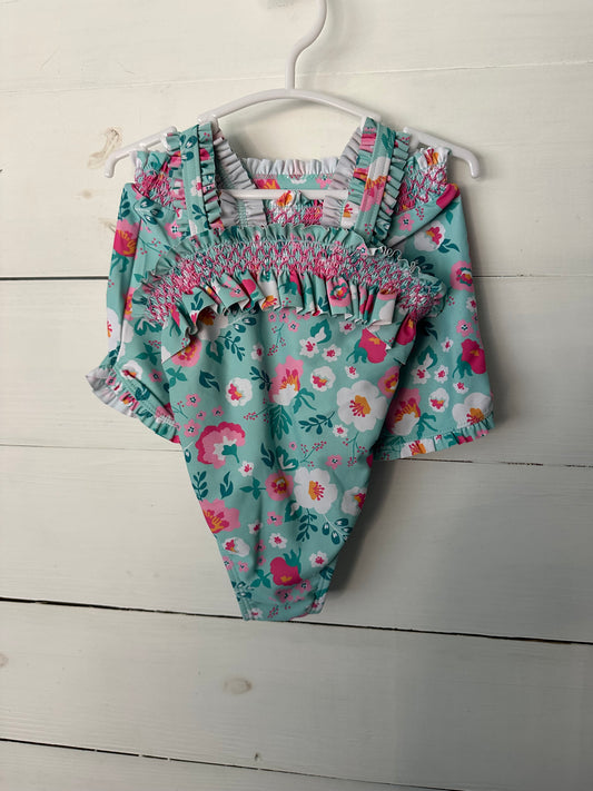 12M - Mint Swim Suit with Pink Flowers and Matching Shorts