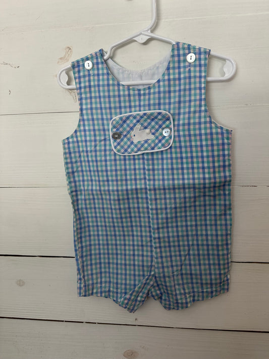 Funtasia! Spring Gingham Jon Jon with appliqued bunny button on chest plate and secondary plain ginham plate - versatile