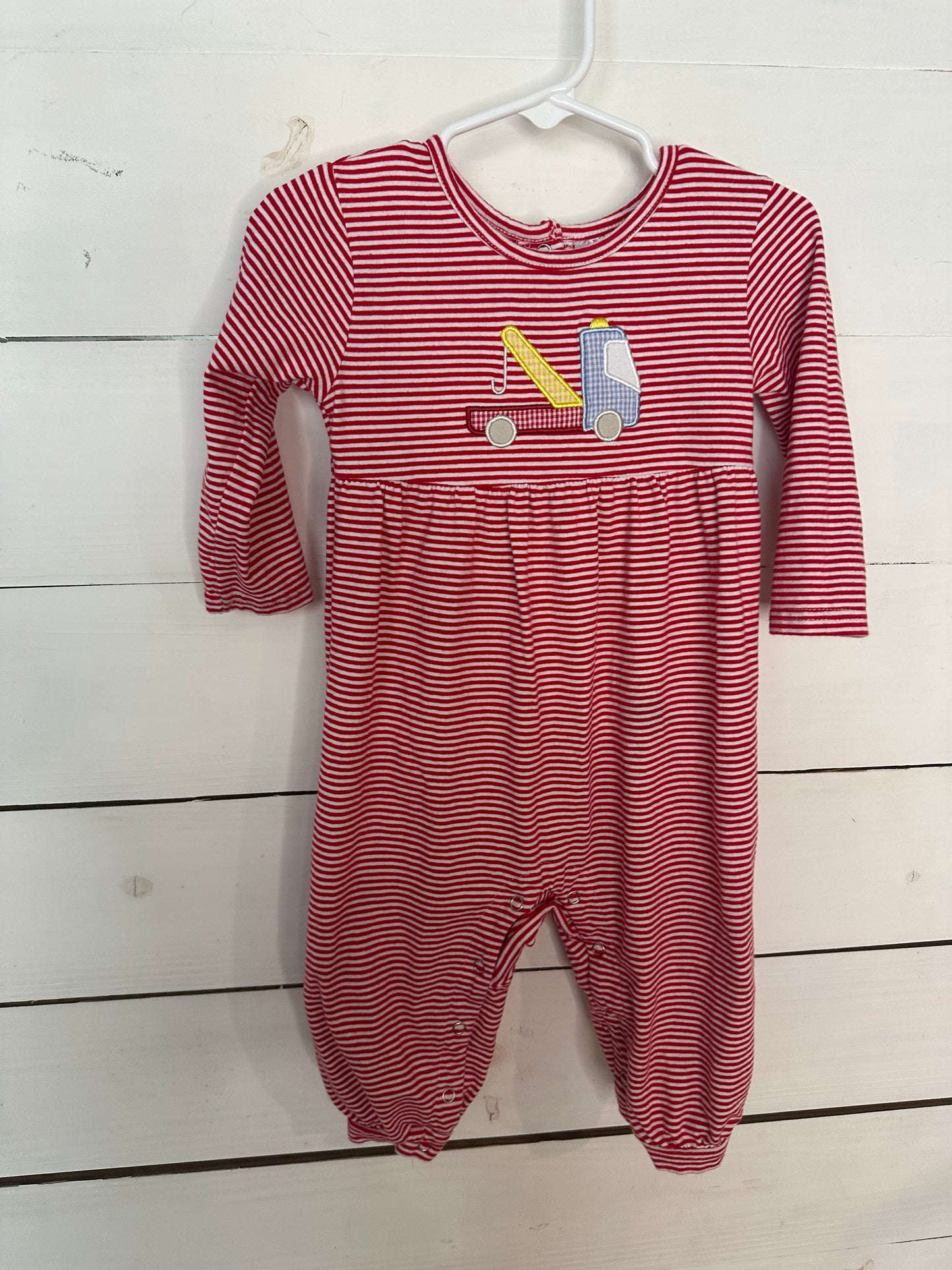12M - Stichy Fish Red Striped Romper with Appliqued Tow Truck
