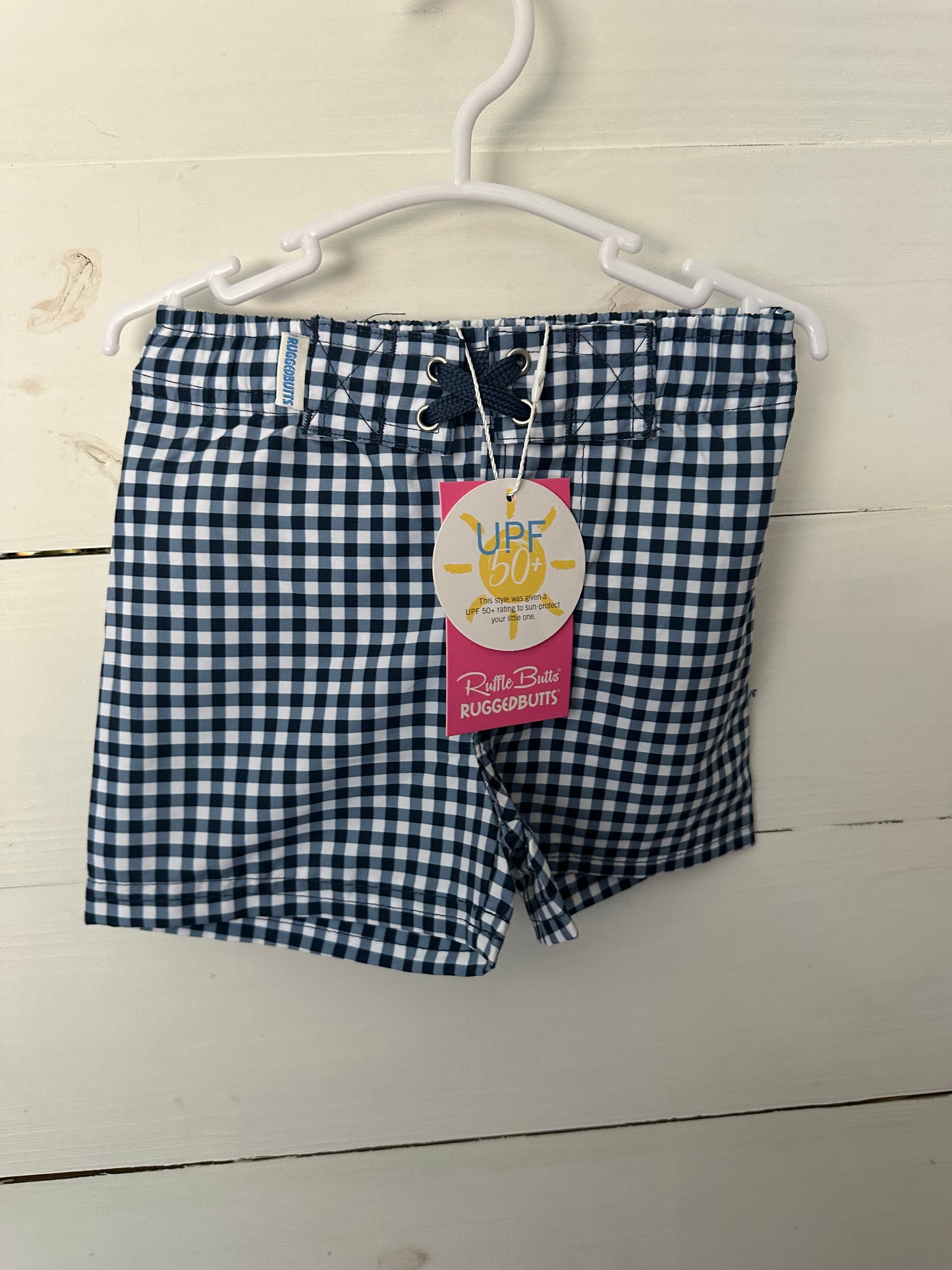 6-12M - Rugged Butts Navy Blue Gingham Swim Trunks - NWT