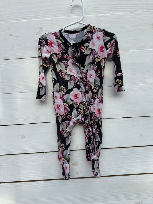6/9m - Posh Peanut Black and Pinks Floral Jammies - Grippy Feet, Double Zipper, and Ruffle Butt