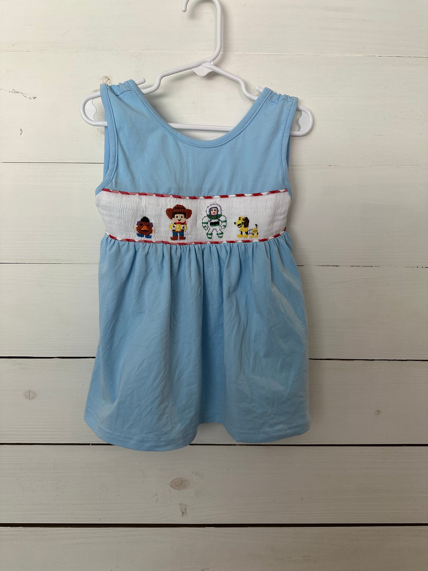 MK Clothing Designs - Light blue and red gingham toy story character set - smocked top and shorts