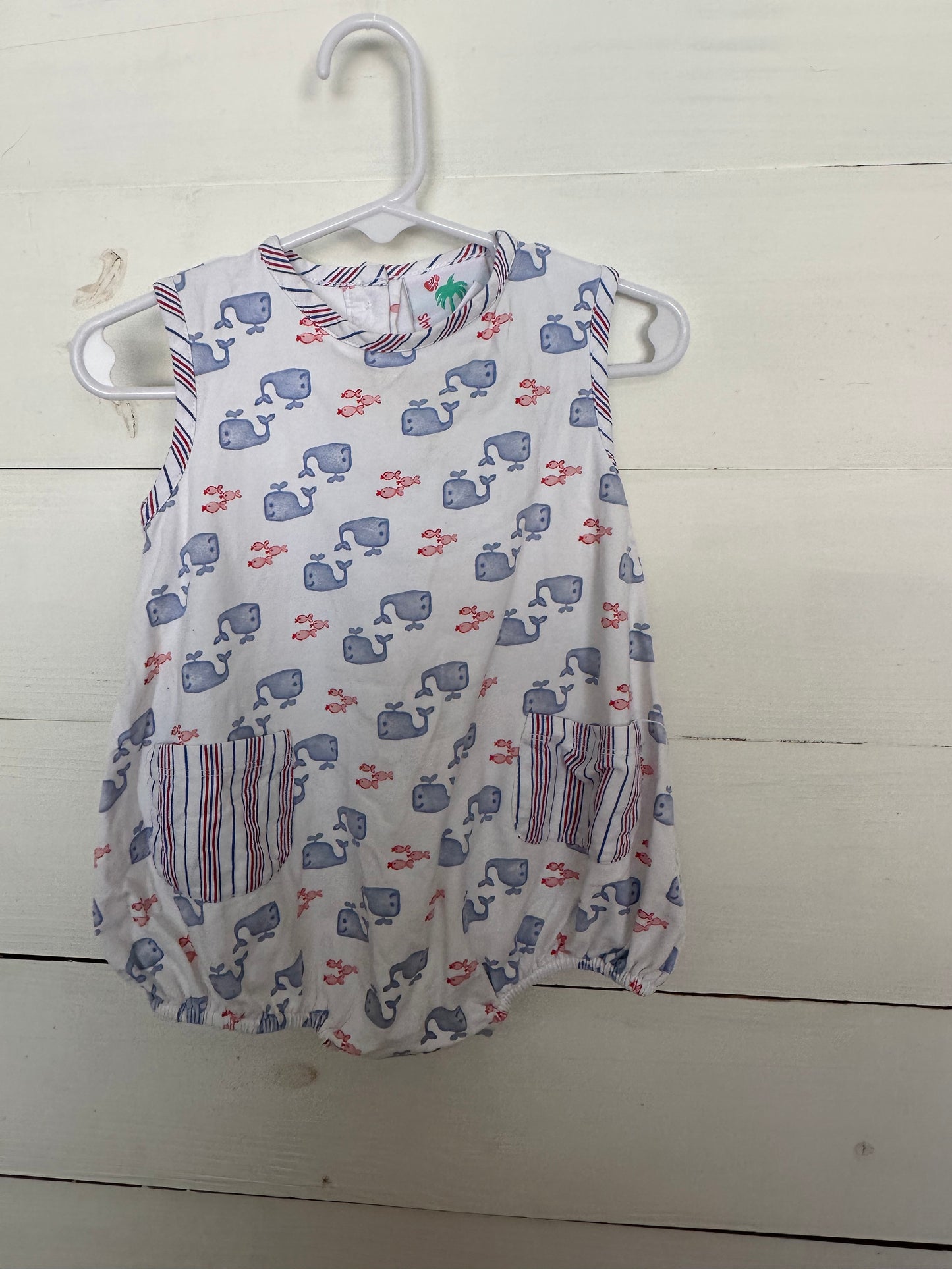 Shrimp & Grits Kids: Whale bubble with red, white, and blue nautical striped pockets & trim