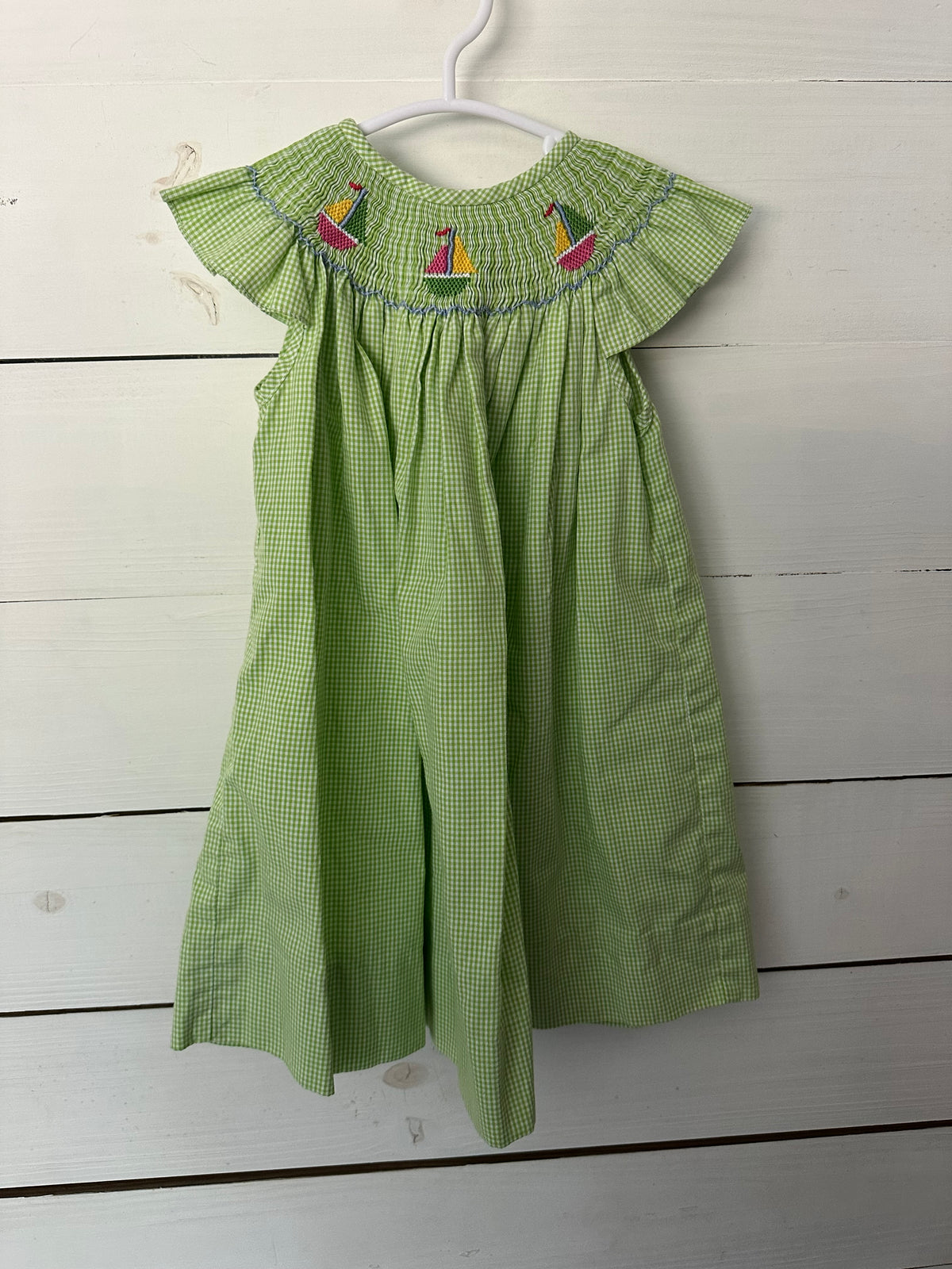 24M - Buttercups Boutique Green Ginham Bishop Dress with Smocked Sailboats with Matching Bloomers