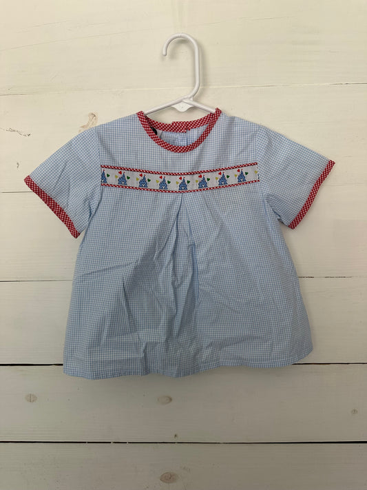 PBJ: Baby blue gingham shirt with red gingham trim & Disney castle ribbon