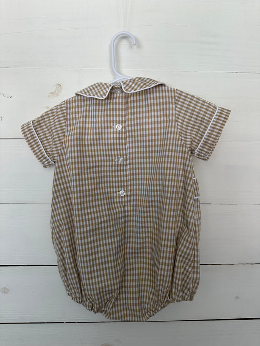 Little English: Tan Gingham Bubble with Peter Pan Collar and White Trim