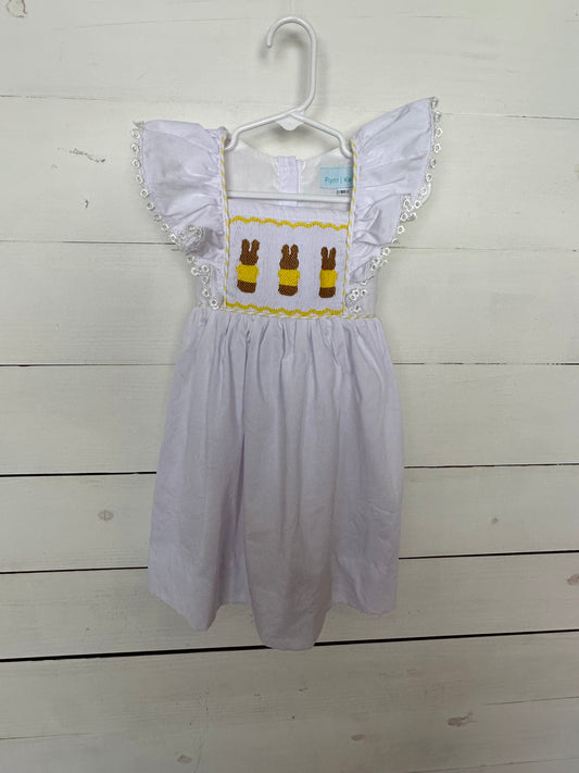 Flynn & Kelsey White Dress with Smocked Easter Bunnies & Flutter Sleeves