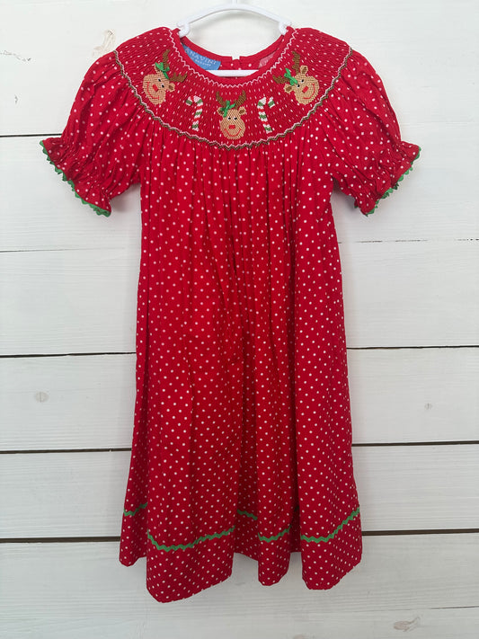 3T - Anavini - Smocked Reindeer Red Polka Dot Bishop Dress