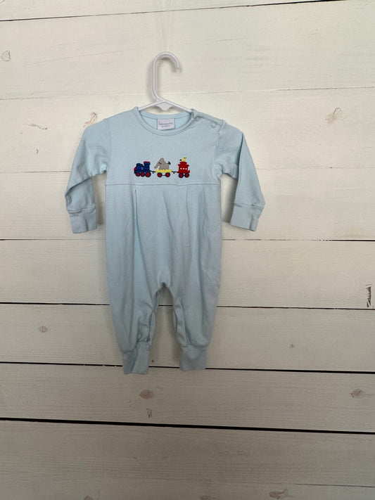 Squiggles by Charlie: Baby blue romper with train & animals