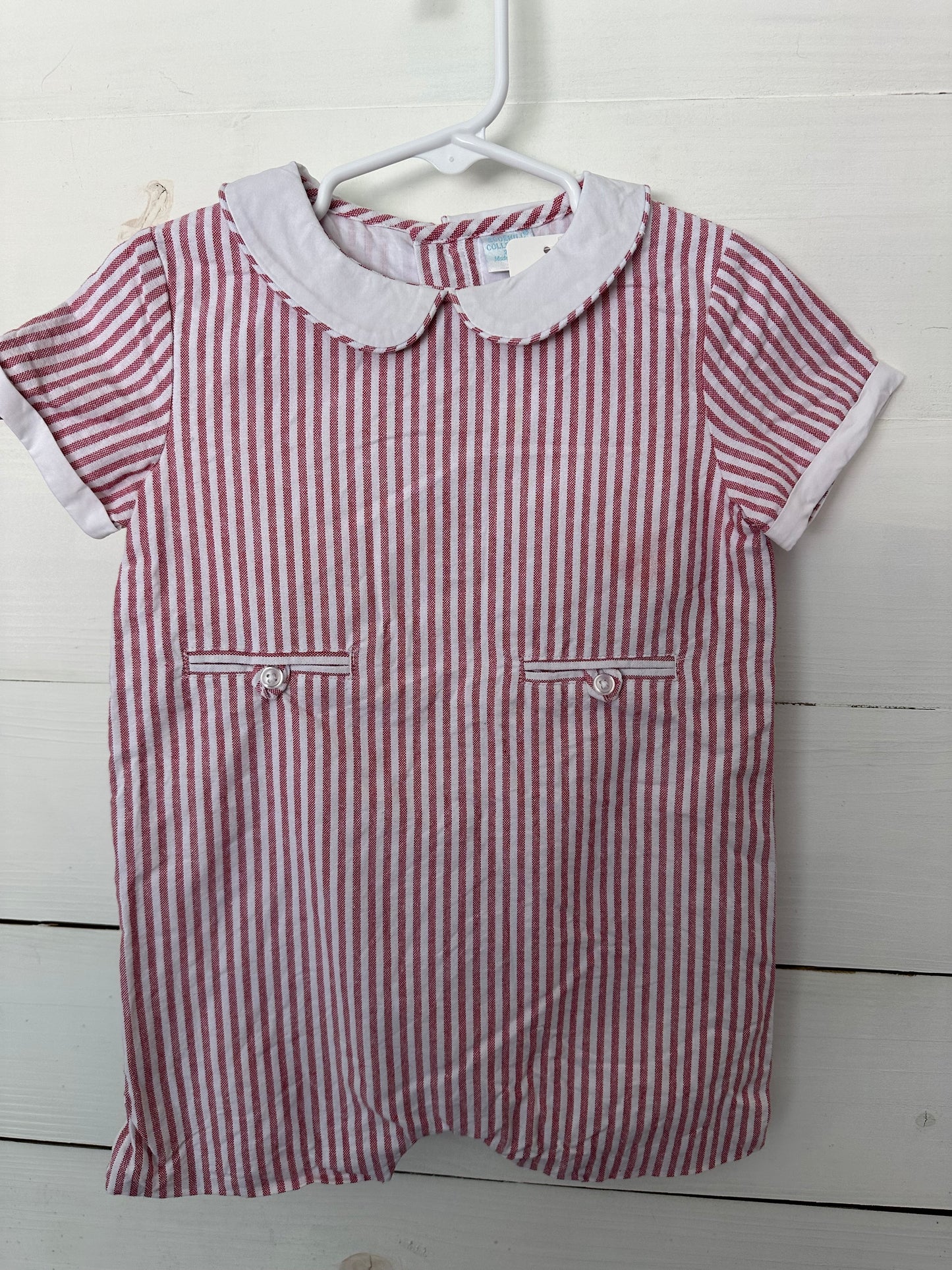 24M - Edgehill Collection - Red Striped Romper with Peter Pan Collar & 3 button back closure