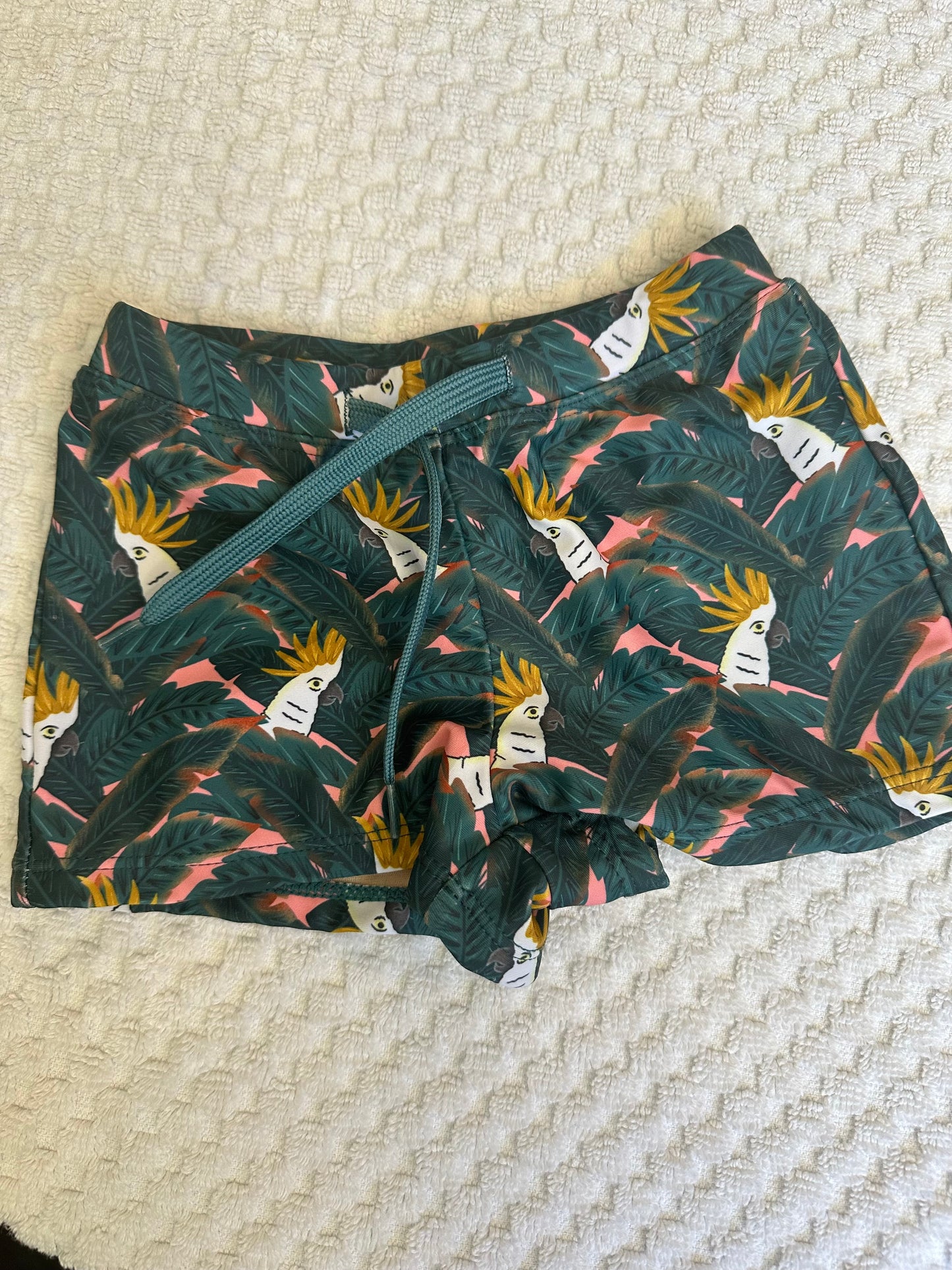 18-24M - Kortni Jeane Palms & Parrots  Swim Trunks - Euro Short Style