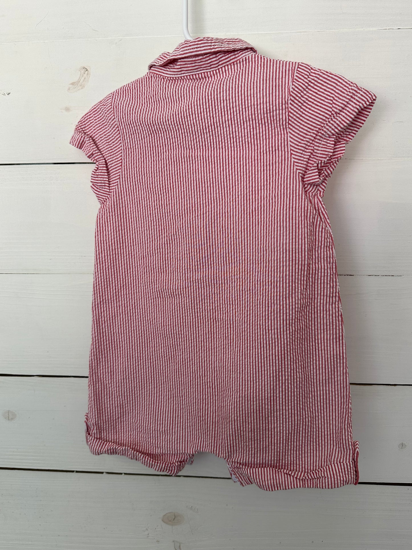 24m - Starting Out - Red Seersucker romper with embroidered anchor on front chest pocket