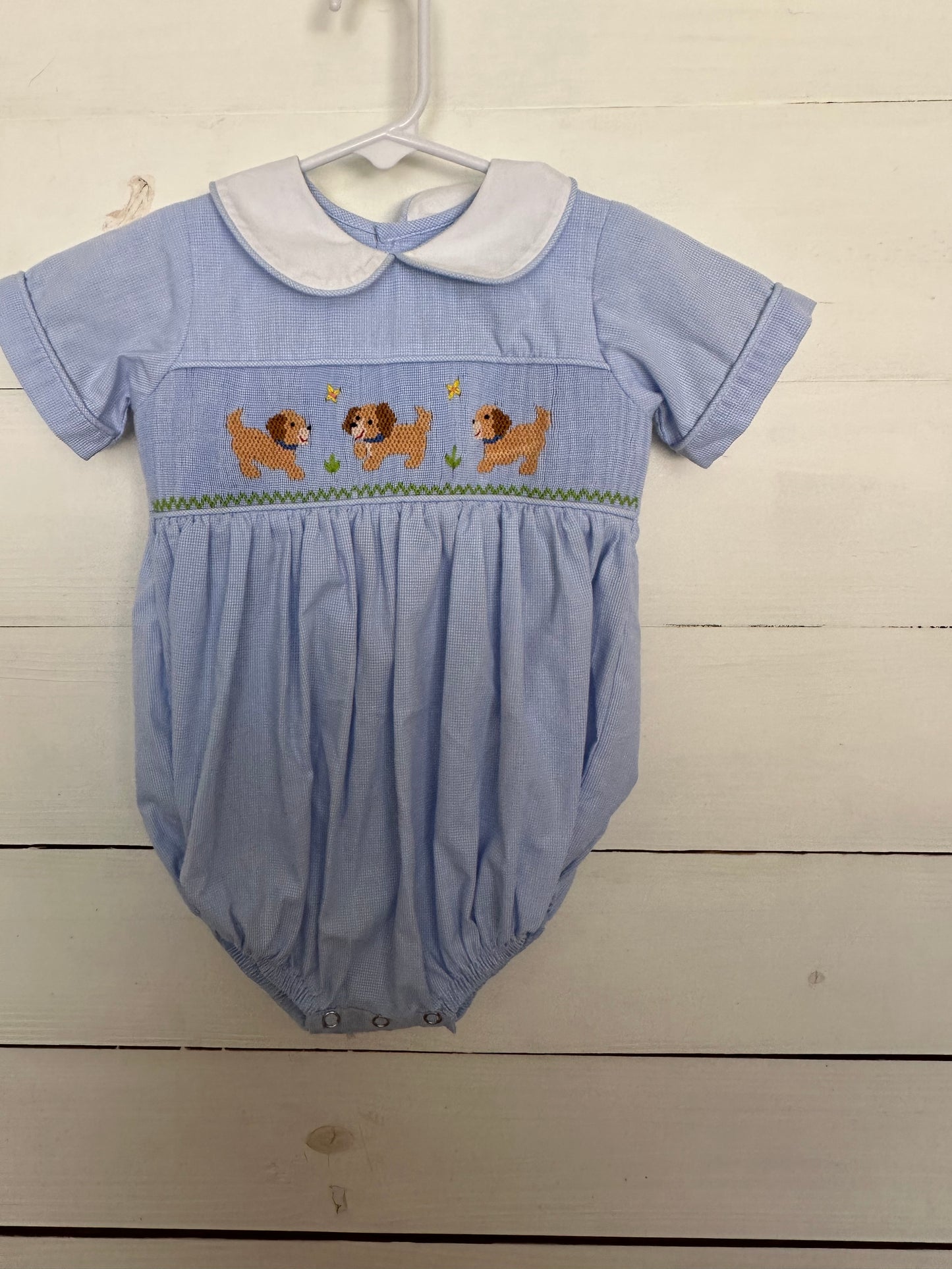 Remember Nguyen: Blue gingham romper with smocked puppies and peter pan collar