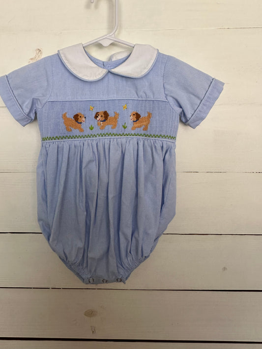 Remember Nguyen: Blue gingham romper with smocked puppies and peter pan collar