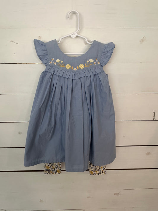 4T - Blue Tunic with embroidered flowers and matching floral leggings