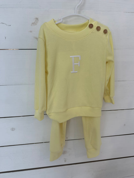 2t - Busy Bee Smocks - Yellow Personalized " F" Knit 2 Piece Set