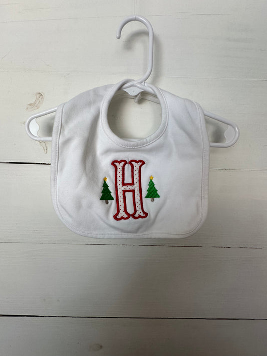 Personalized H Baby Bib - Embroidered H with Christmas Trees