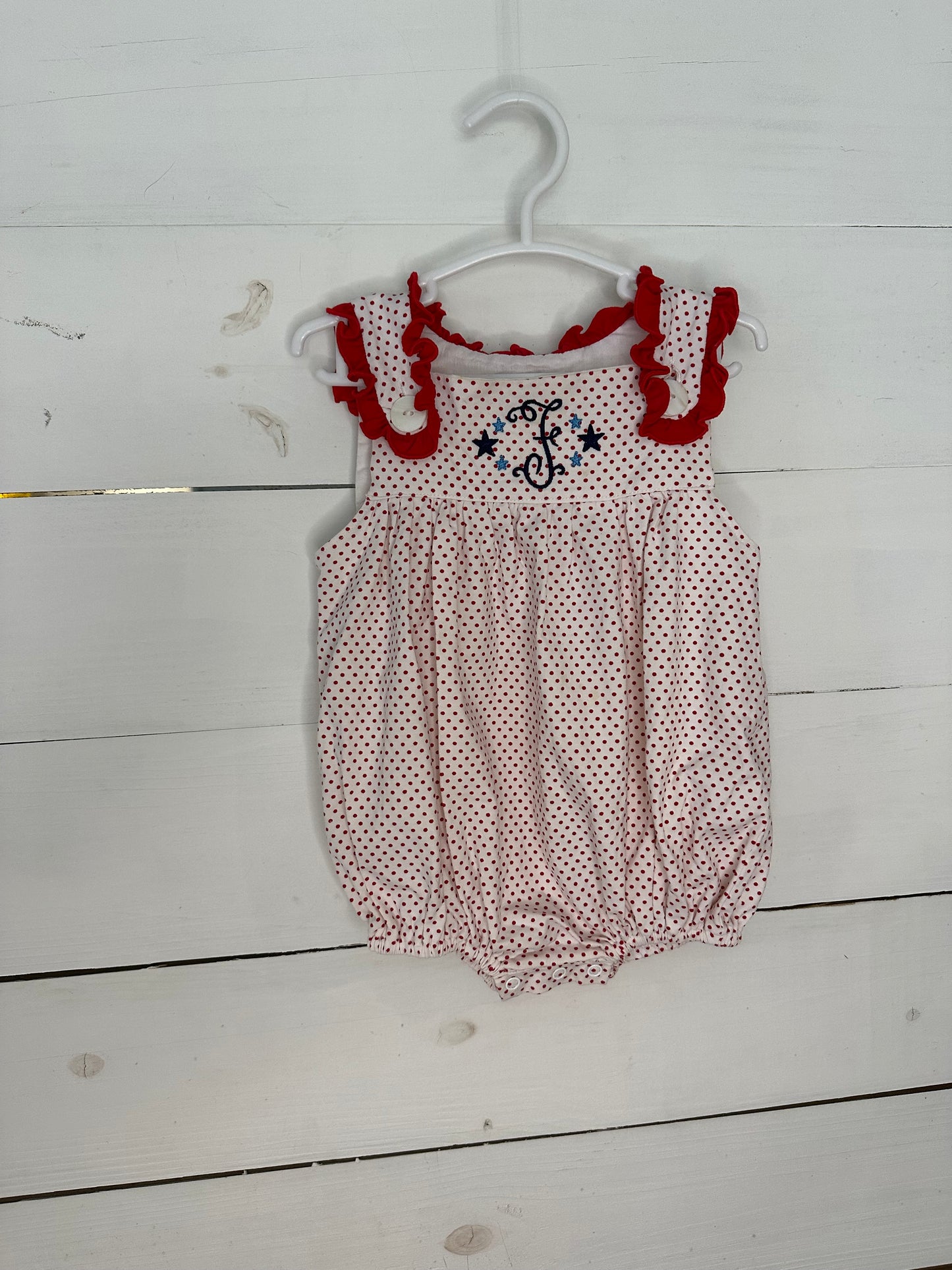 9M - Babeeni Red Polka Dot Bubble with Patriotic F Personalization