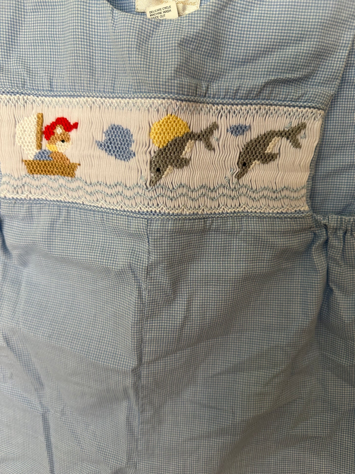 12m - Sir John Blue Gingham Smocked Dolphins and Boat Jon Jon