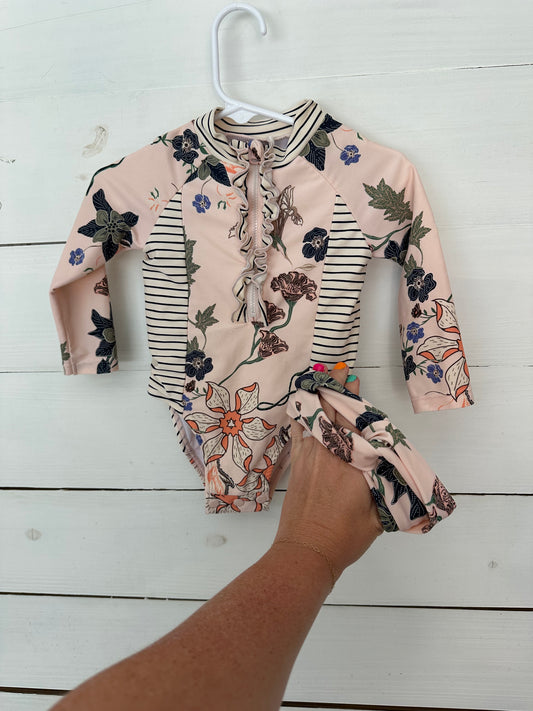 12m - One Piece Zip Up Flowers and Stripe Swim - Jessica Simpson